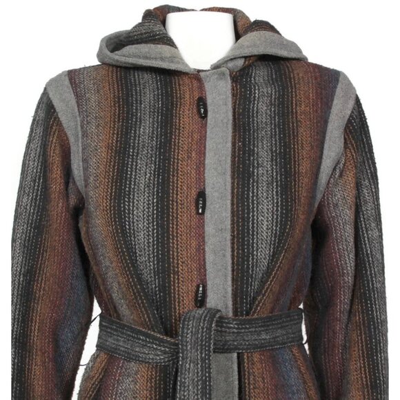 Vintage 1980s Hooded Coat Toggle Ombre Striped Wool Belted Jacket Coat sz M /912 - Picture 2 of 10